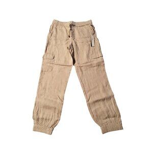 Linen Cargo Jogger Pants With Elastic Waist & Pockets Beige Lightweight Size L
